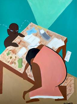 A mother faces her child as her phone rings off the hook